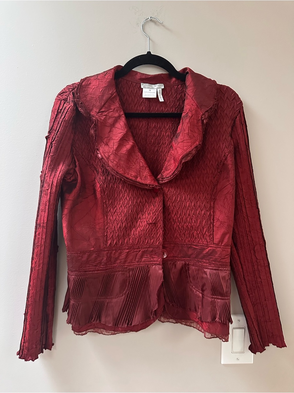 ALBERTO MAKALI Vintage Crinkle Pleated Dark Red Burgundy Fairy Whimsigoth Jacket